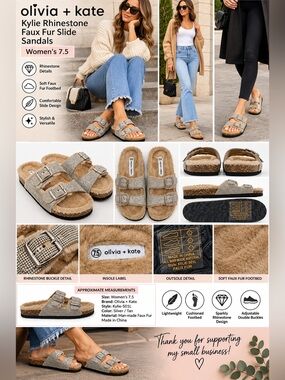 Olivia + Kate Kylie Rhinestone Faux Fur Double Buckle Slide Sandals Women’s 7.5